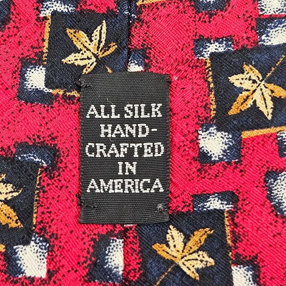 Nordstrom Silk Tie By J Z Richards Red Navy Gold Leaf Pattern Hand Crafted - Picture 5 of 7